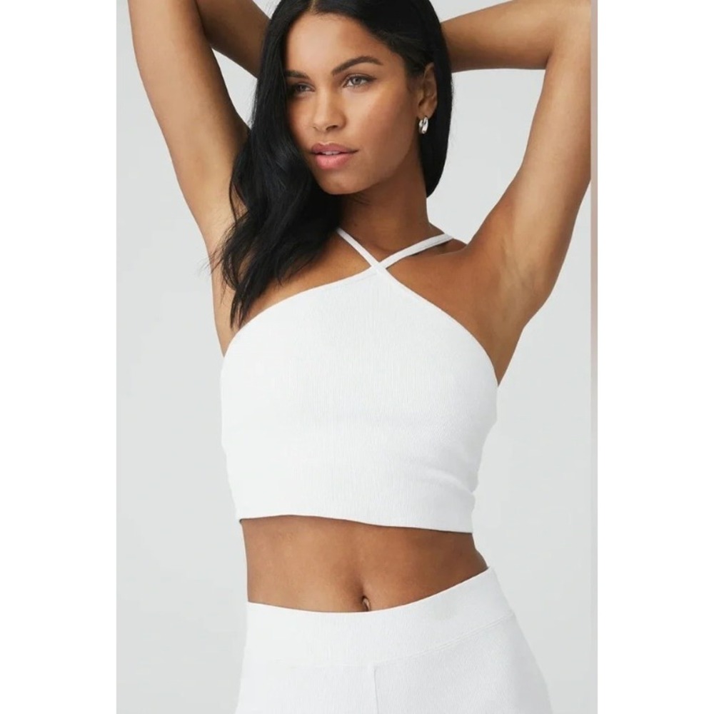 Alo Yoga Ribbed Cross Front Strappy Tank Top Small White Workout Athleisure